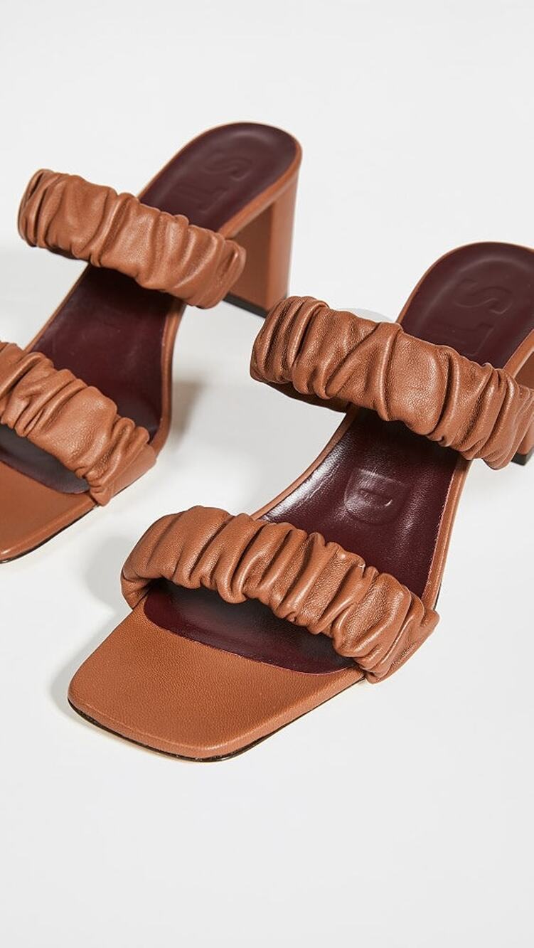 Staud Frankie Leather Ruched Block Heel Stappy Sandal Tan Brown Women Size EU 39
